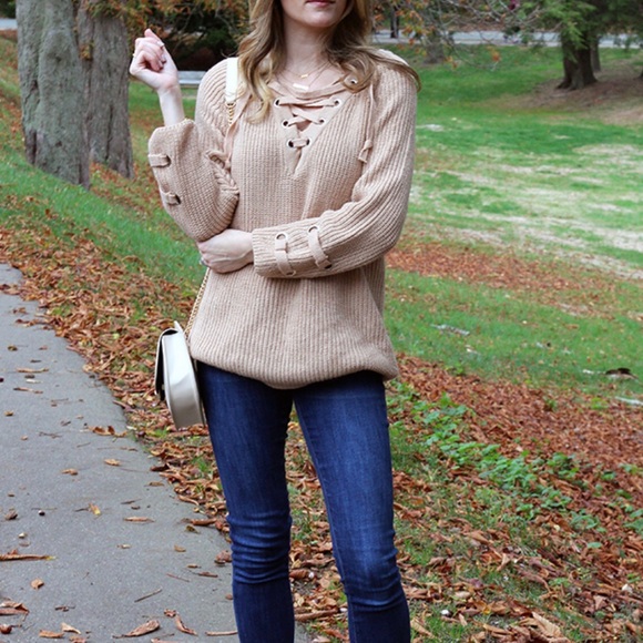 Oatmeal Lace Up Neckline Sweater - Picture 2 of 6